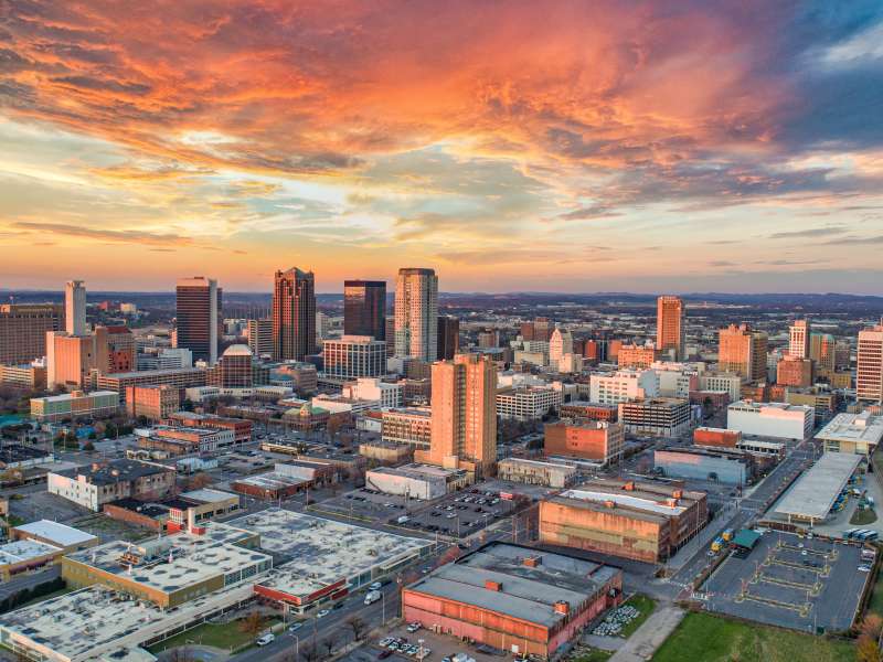 Birmingham, Alabama, USA Downtown Drone Skyline Aerial Panorama.